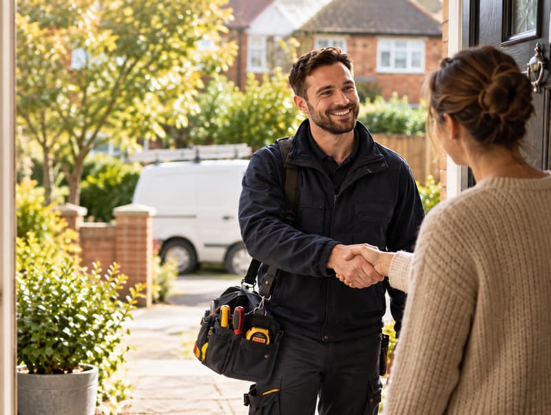 A tradesperson shaking hands with a homeowner at her front door